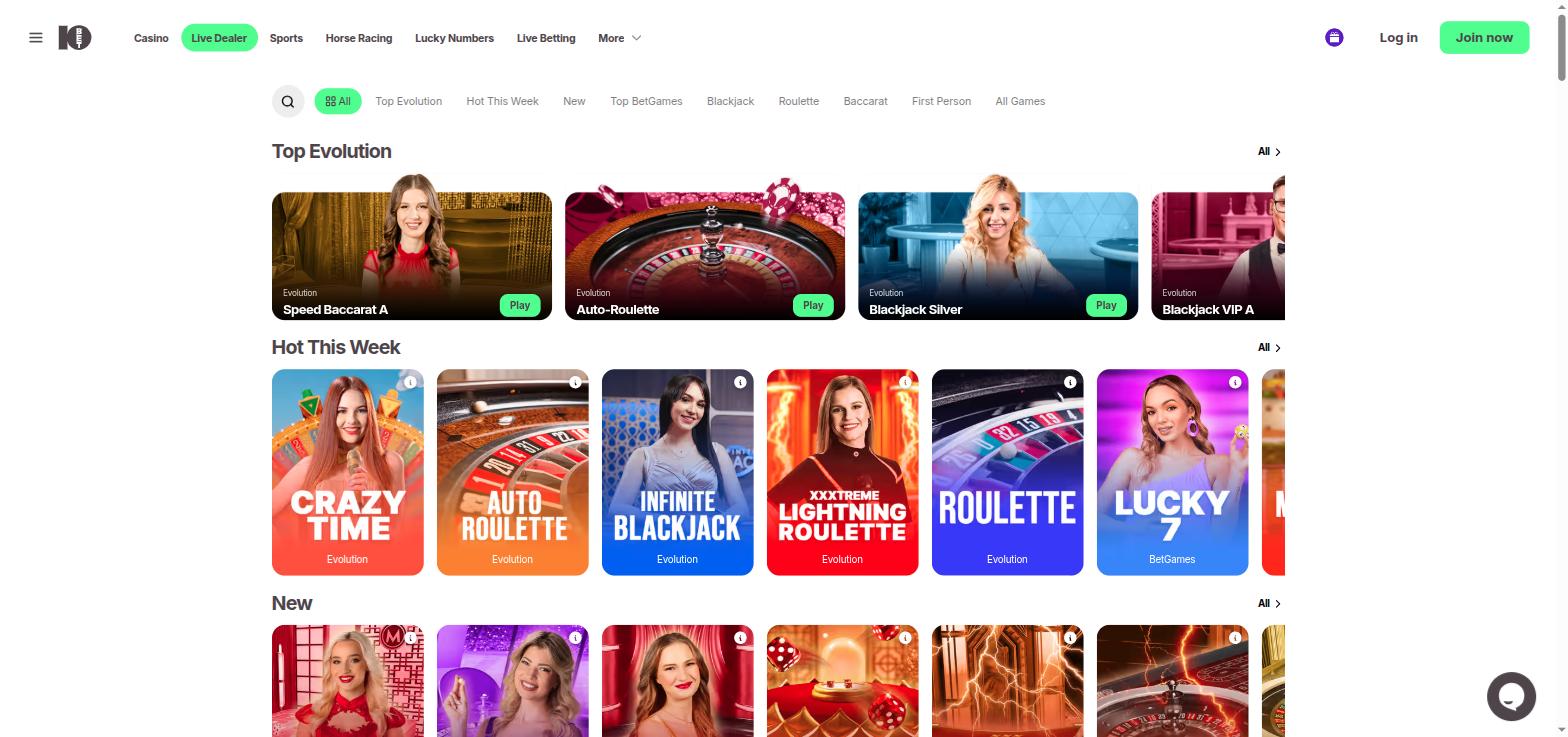 10Bet live dealer lobby with Evolution roulette, blackjack and game shows, plus BetGames