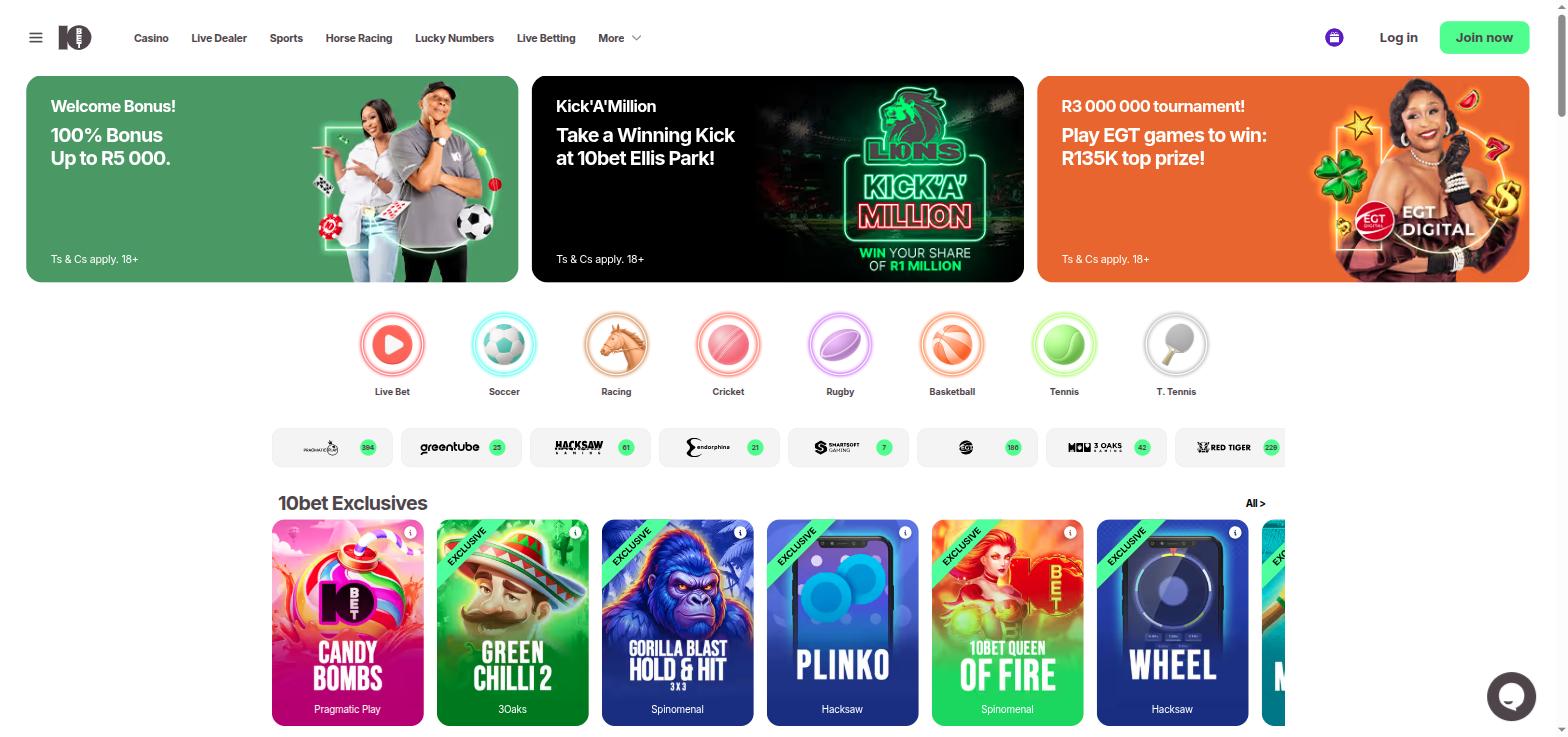 10Bet homepage with the 100% bonus up to R5,000 banner, a Kick A Million promotion at 10bet Ellis Park and sport shortcuts