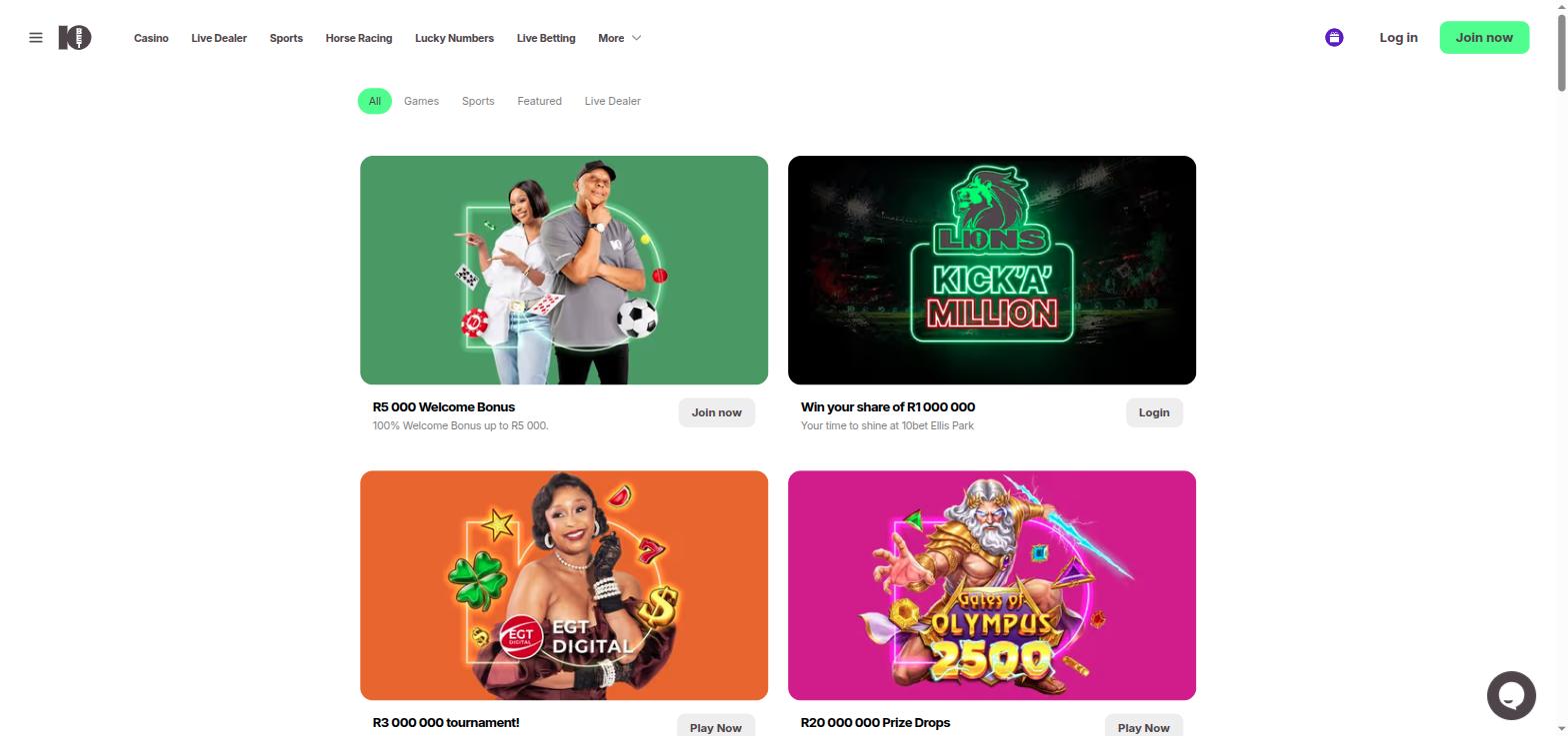 10Bet promotions page with the R5,000 welcome bonus, a R1 million Ellis Park promotion and casino tournaments