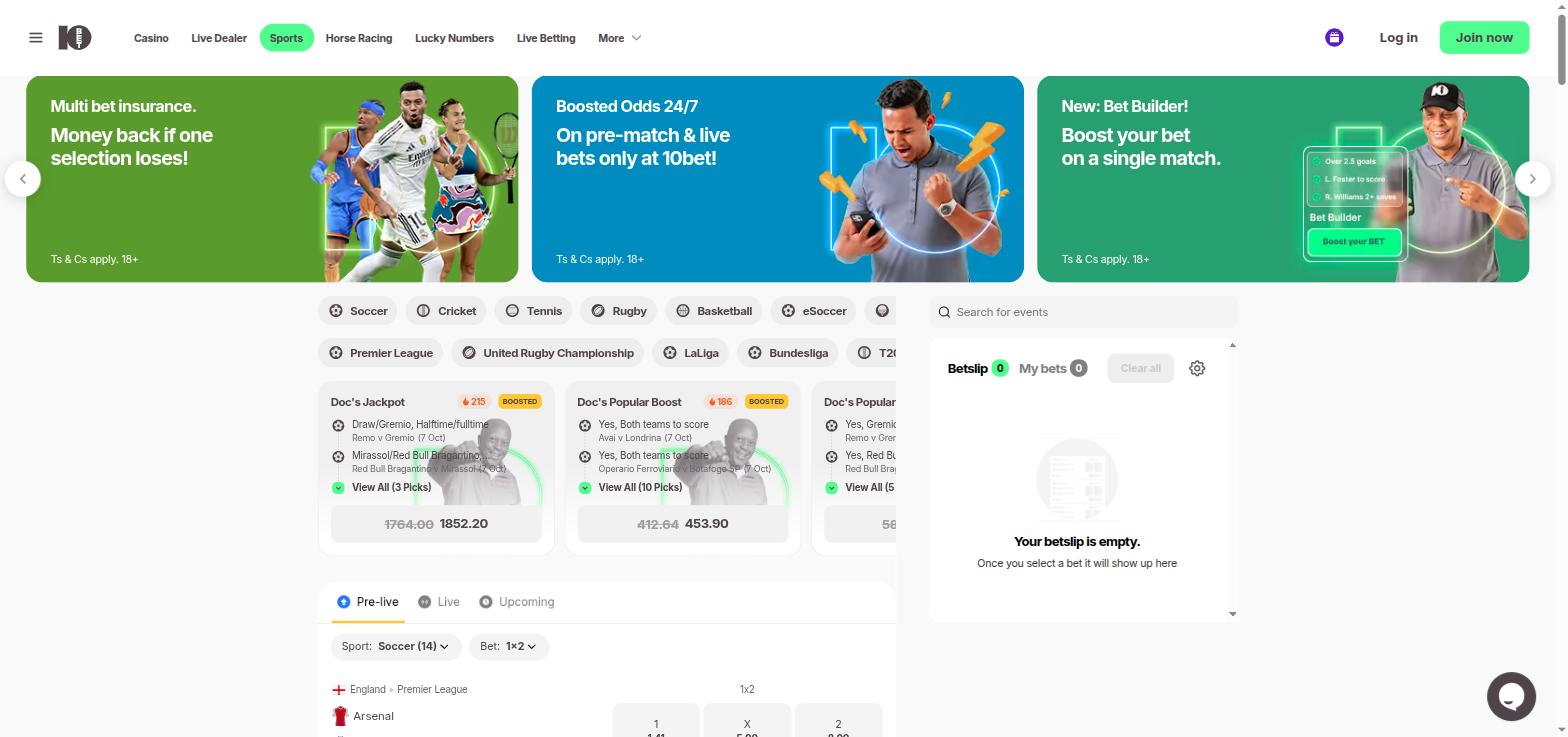 10Bet sportsbook with multi bet insurance, boosted odds and Bet Builder banners, boosted multiples and the bet slip