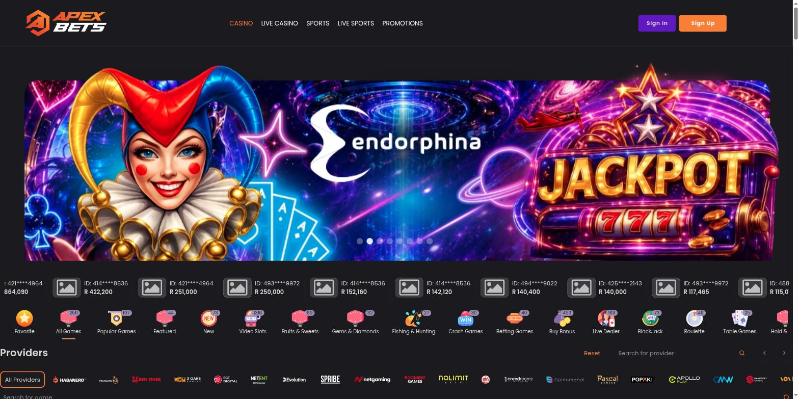 Apex Bets opens on its casino lobby, with game categories and a row of providers below the banner