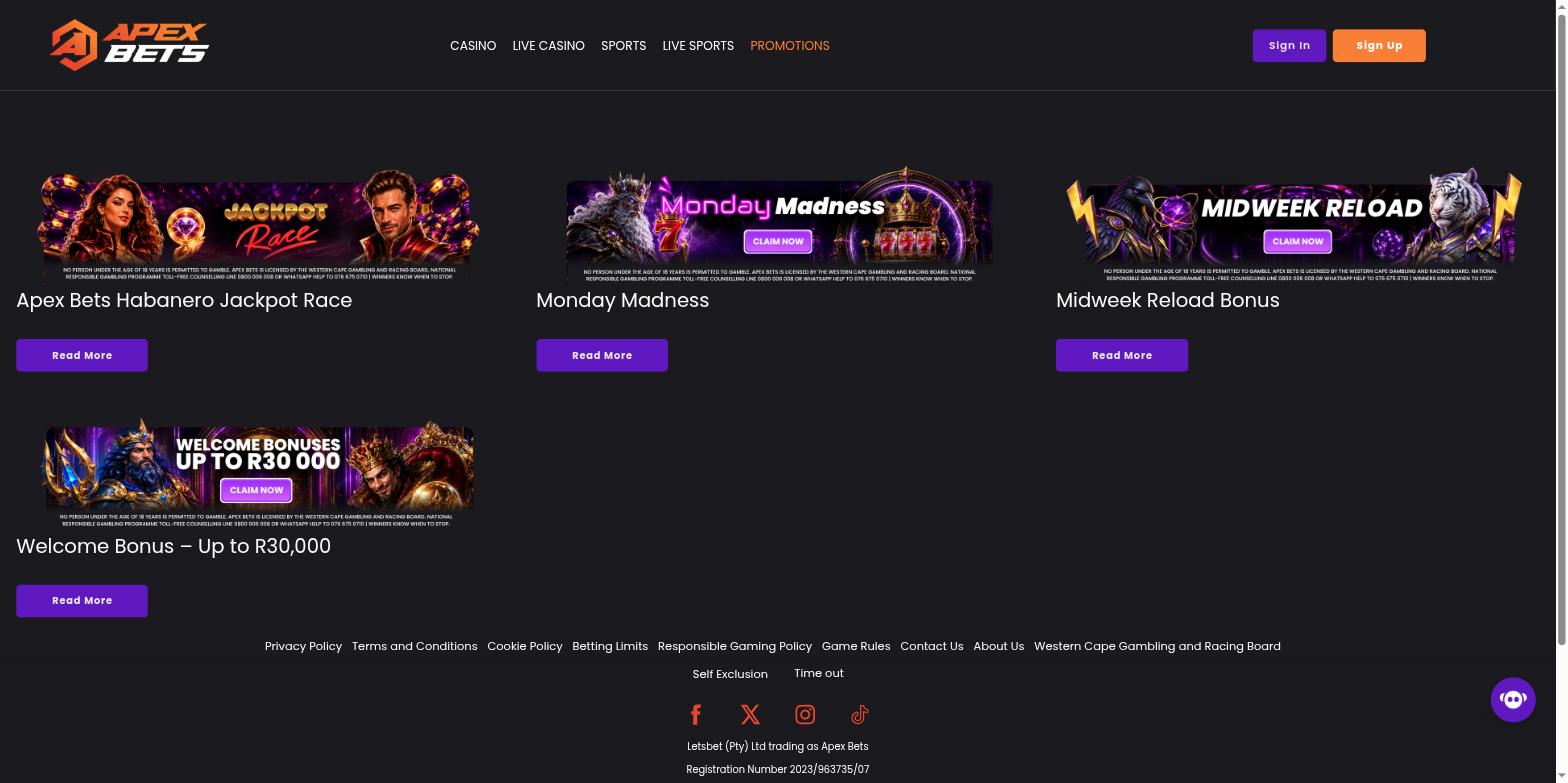 Apex Bets promotions page with the welcome bonus up to R30,000, Midweek Reload, Monday Madness and a Habanero jackpot race