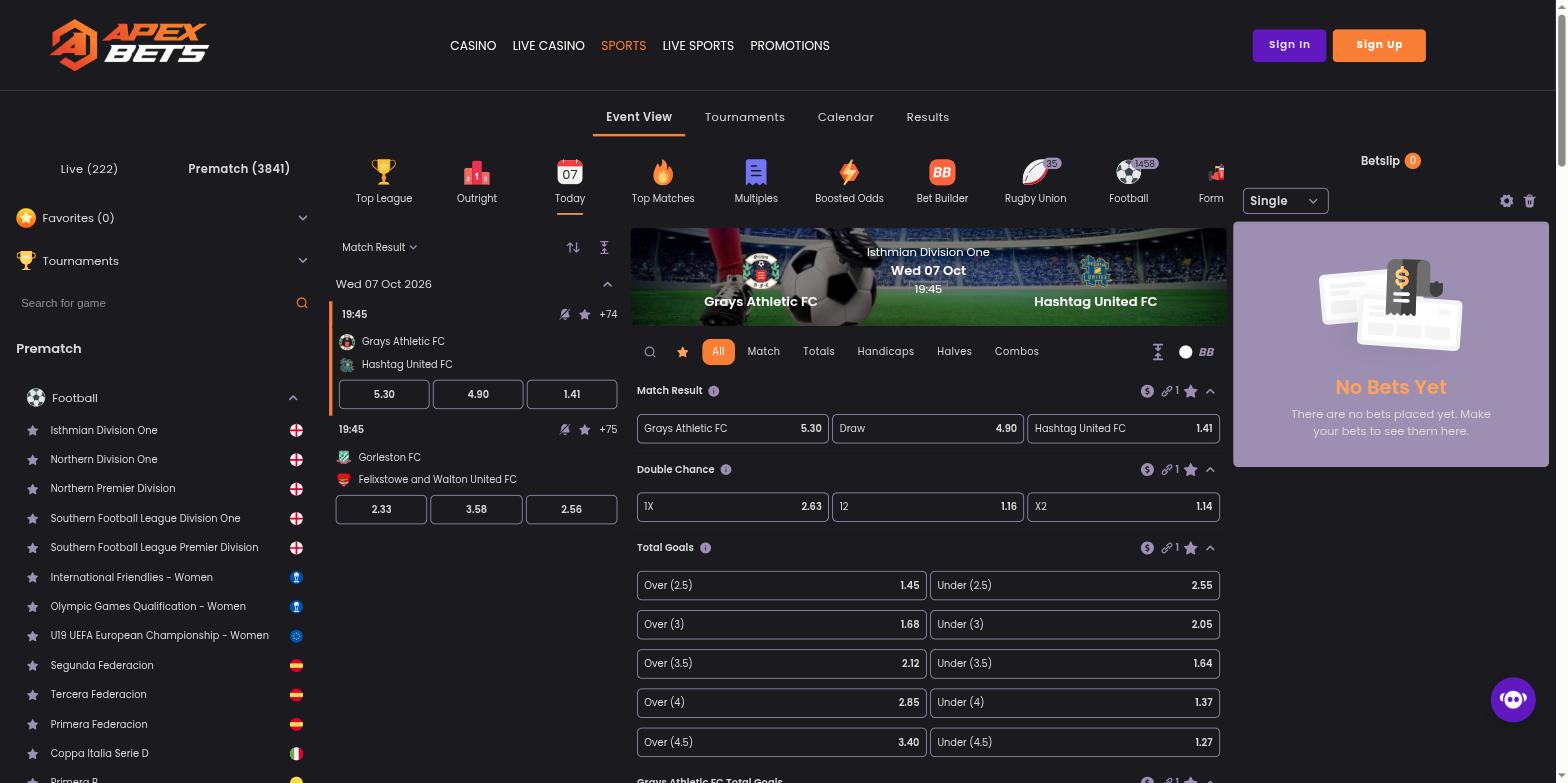 Apex Bets sportsbook event view with prematch football odds, boosted odds and multiples shortcuts