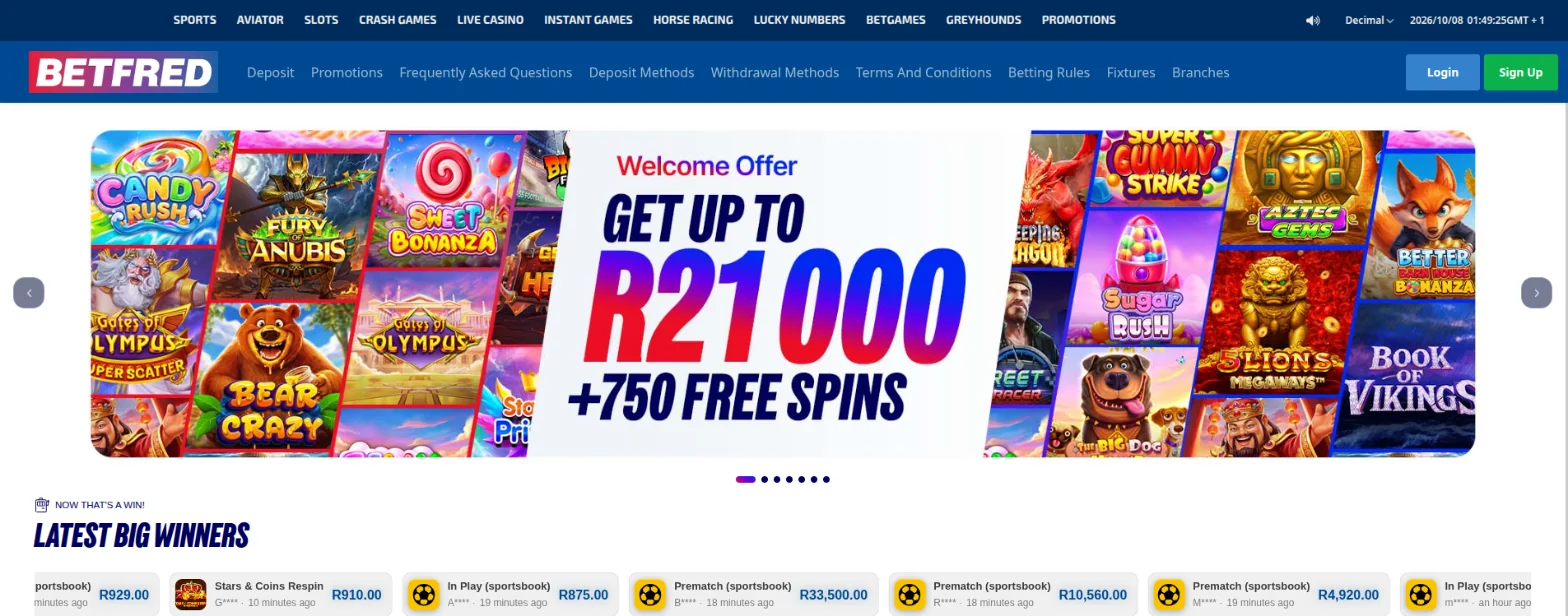 Betfred South Africa homepage with the welcome offer banner for up to R21,000 plus 750 free spins, a latest big winners strip and the main menu