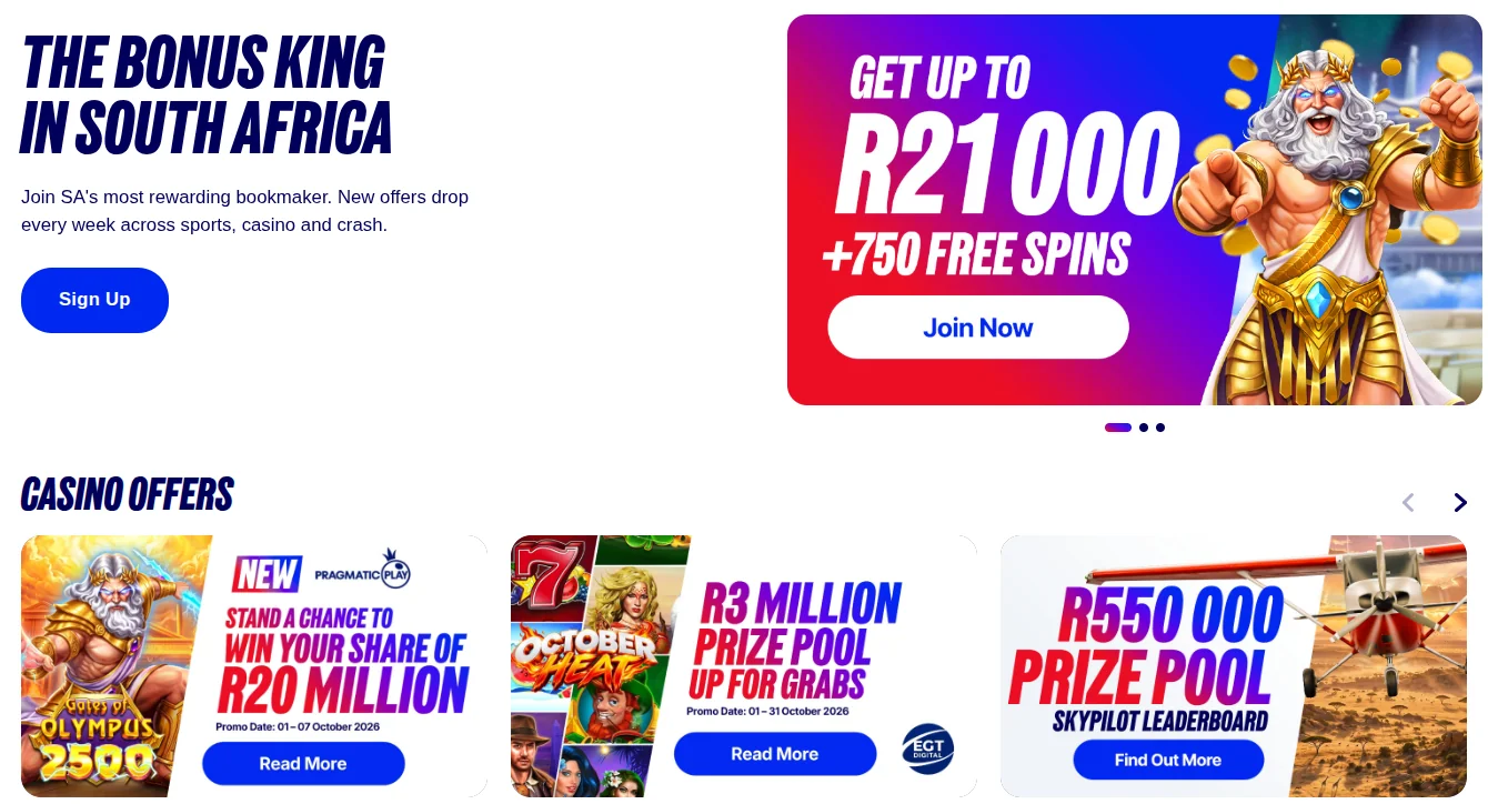 Betfred promotions page headed The Bonus King in South Africa, with the up to R21,000 plus 750 free spins welcome banner and casino offers including R20 million, R3 million and R550,000 prize pools