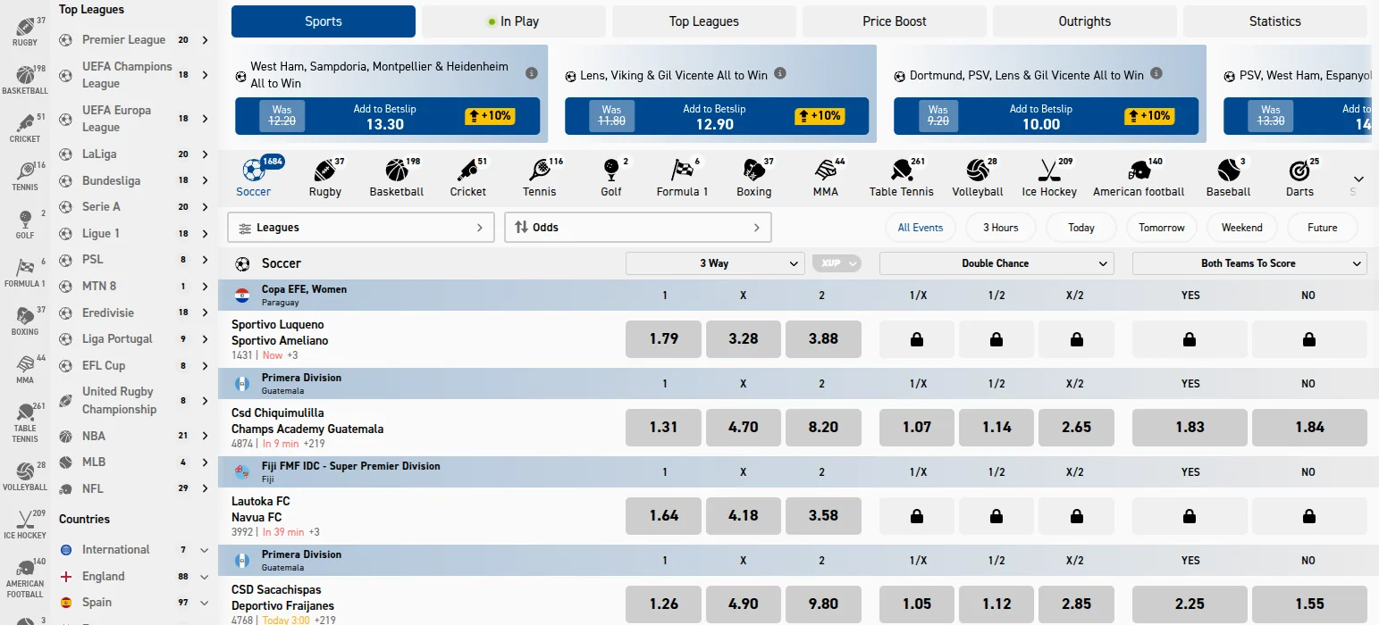 Betfred sportsbook with boosted All to Win multiples at +10%, sport tabs from soccer to darts, a top leagues menu and soccer odds for 3 way, double chance and both teams to score
