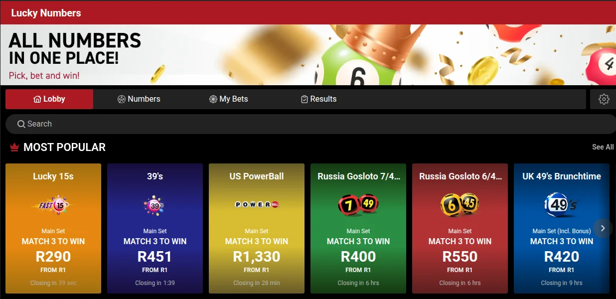 BetOlimp Lucky Numbers lobby with popular draws including Lucky 15s, 39s, US PowerBall, Russia Gosloto and UK 49s Brunchtime, all from R1