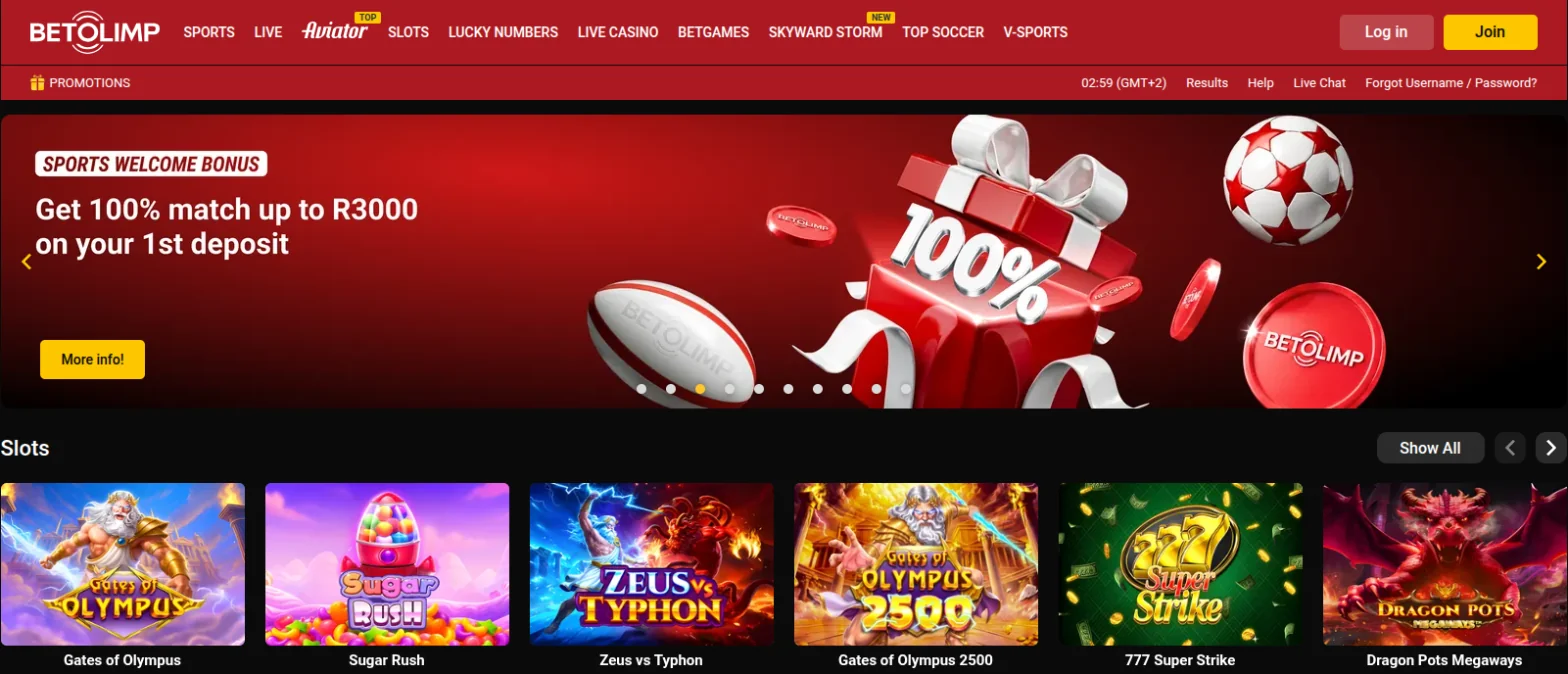BetOlimp homepage with the sports welcome bonus banner for a 100% match up to R3000 on the first deposit, a main menu including sports, live, Aviator, Lucky Numbers and Betgames, and a slots row with Gates of Olympus and Sugar Rush