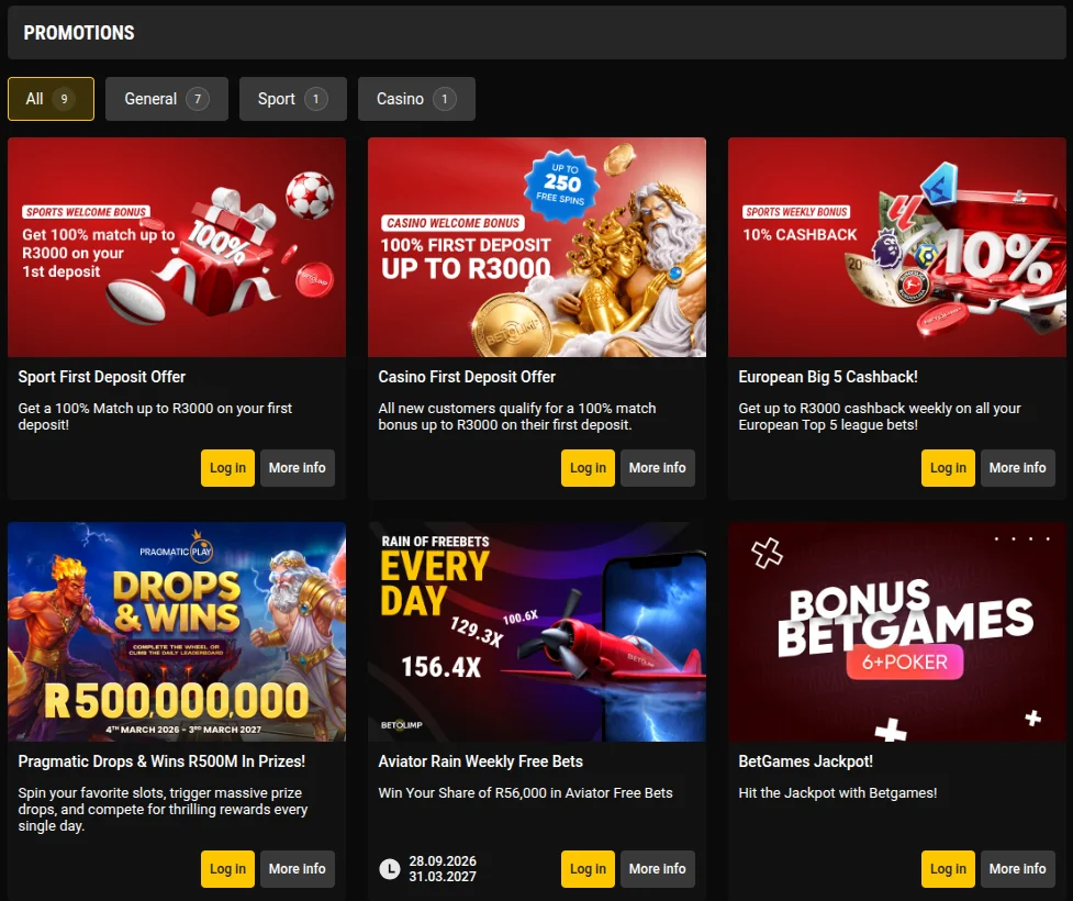 BetOlimp promotions page with the sport first deposit offer of 100% up to R3000, the casino first deposit offer of 100% up to R3000 with up to 250 free spins, European Big 5 10% cashback, Pragmatic Drops and Wins, Aviator Rain weekly free bets and a BetGames jackpot