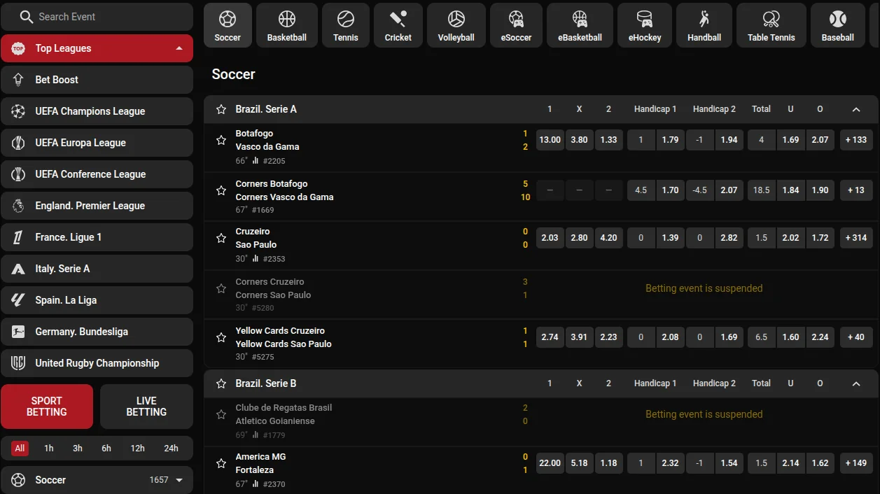 BetOlimp live betting page with in-play Brazil Serie A and Serie B soccer odds, handicap and totals markets, and a top leagues menu including Bet Boost and the United Rugby Championship