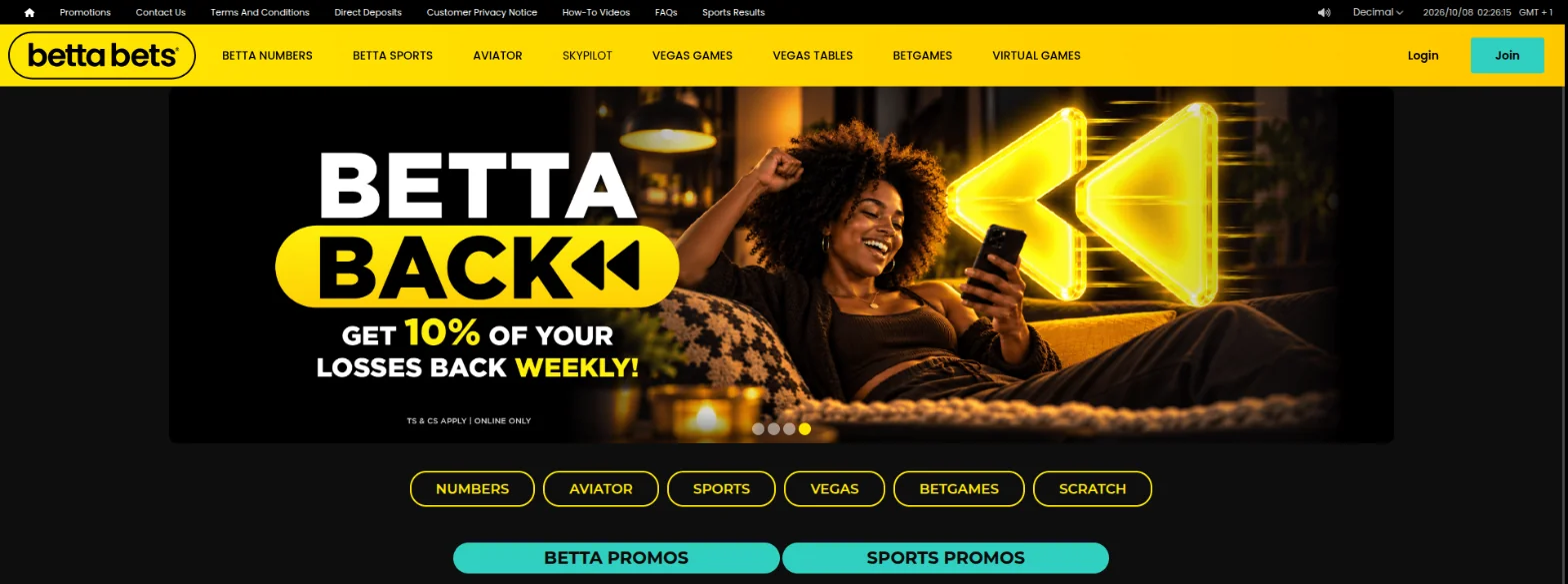 Bettabets homepage with the Betta Back banner offering 10% of losses back weekly, the main menu for Betta Numbers, Betta Sports, Aviator and Vegas Games, and quick links for Numbers, Aviator, Sports, Vegas, Betgames and Scratch