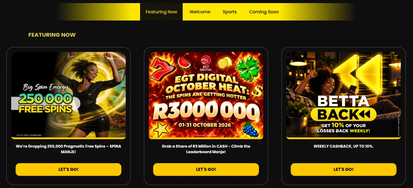 Bettabets promotions page on the Featuring Now tab with tiles for 250,000 Pragmatic free spins, a R3 million EGT Digital cash leaderboard and weekly cashback of up to 10%