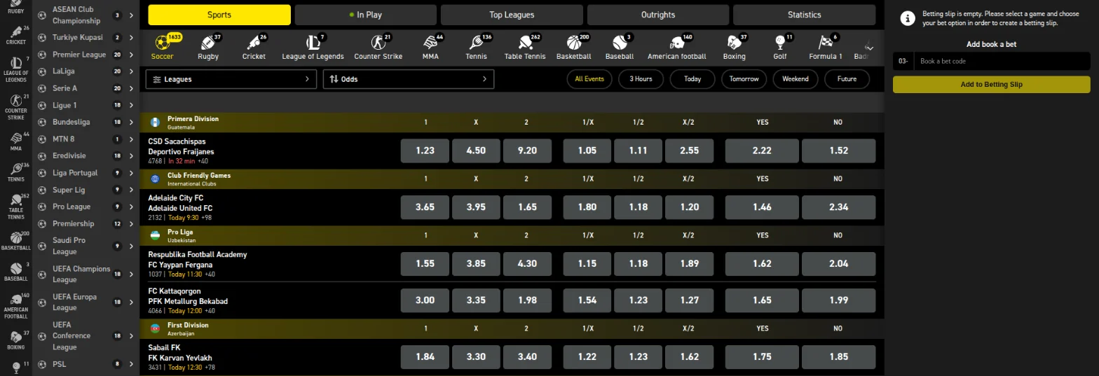 Bettabets sportsbook with soccer selected, a league menu including the Premier League, LaLiga and PSL, 1X2, double chance and both teams to score odds, and an Add book a bet code box on the empty betting slip