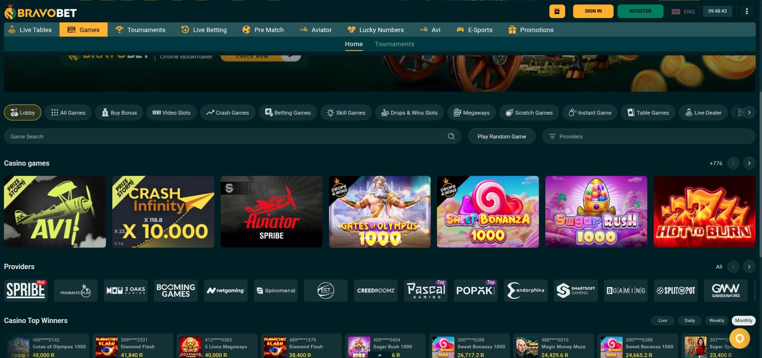 Bravobet casino lobby with crash games, Pragmatic Play slots and a row of game providers