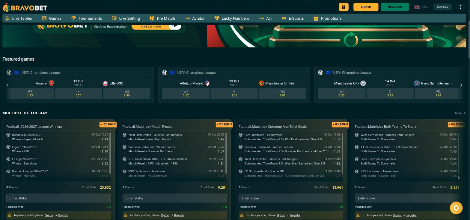 Bravobet homepage with the main menu, featured Champions League matches and Multiple Of The Day accumulators
