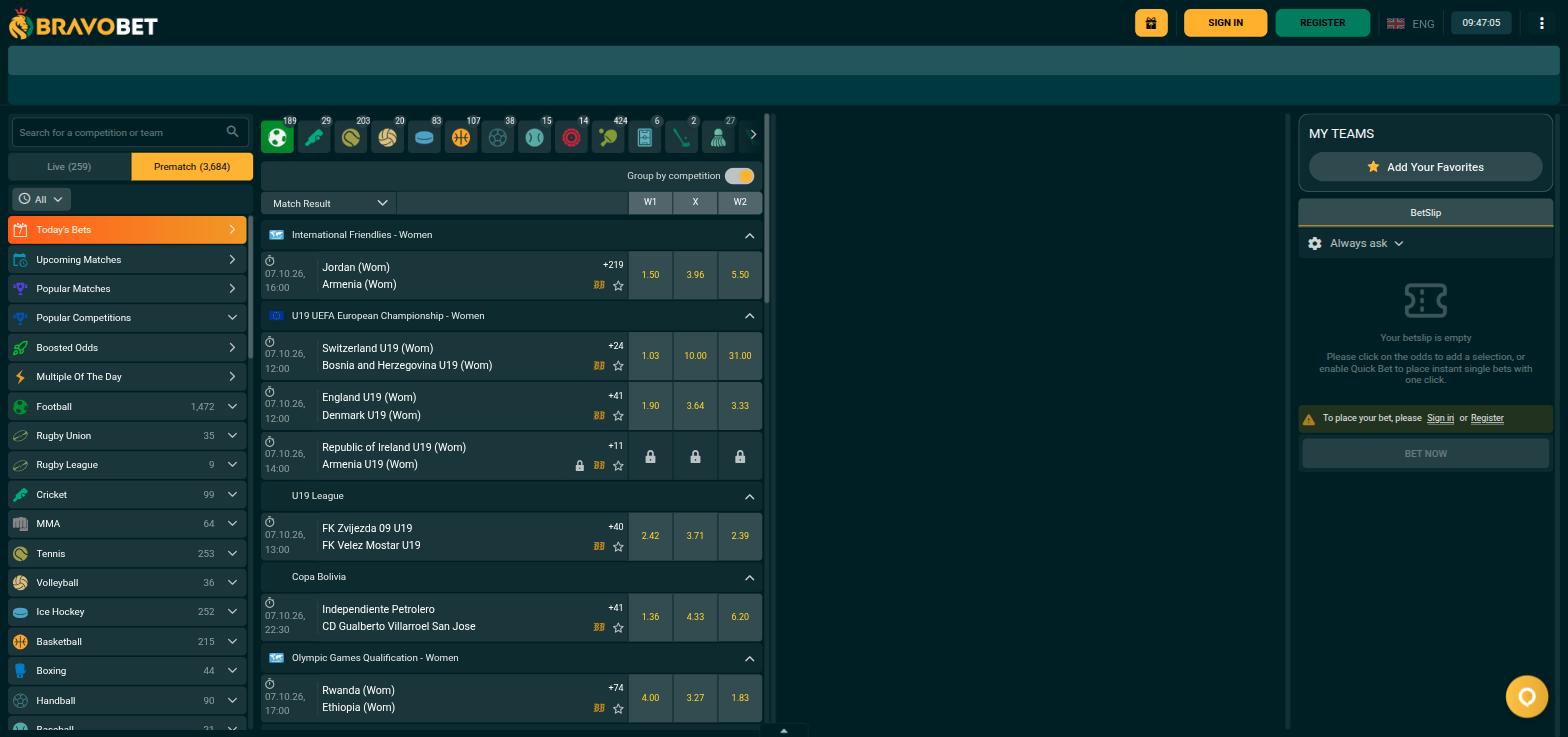 Bravobet prematch sportsbook with the sports list, Boosted Odds and Multiple Of The Day sections and decimal odds