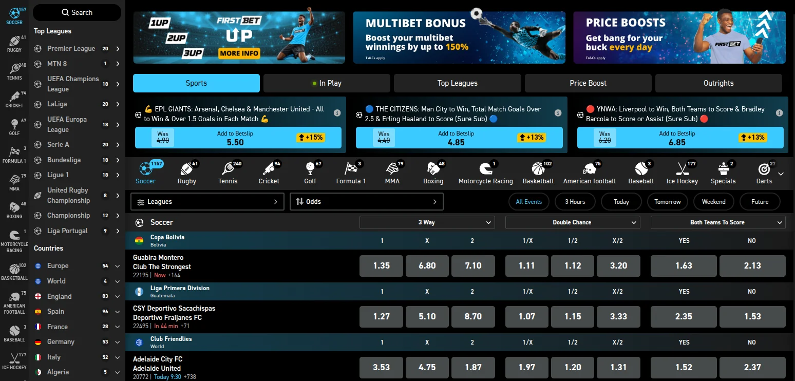FirstBet sportsbook with 1UP 2UP 3UP, multibet bonus and price boost banners, boosted Premier League bet builder prices, top leagues including MTN 8, and soccer 3 way, double chance and both teams to score odds