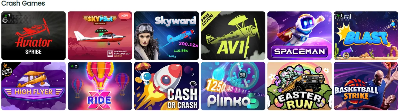 GBets crash games lobby with Aviator, SkyPilot, Skyward, AVI, Spaceman, Blast, High Flyer, Ride, Cash or Crash, Plinko, Easter Run and Basketball Strike