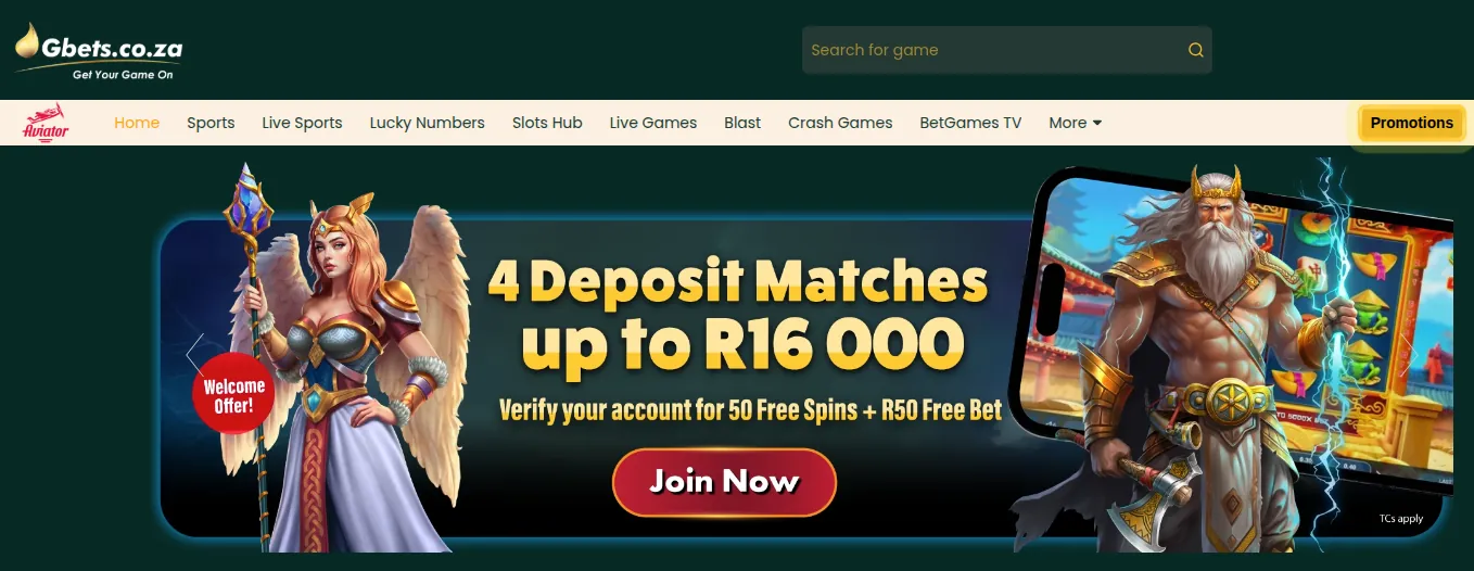 GBets South Africa homepage with a welcome offer banner advertising four deposit matches up to R16,000, plus 50 free spins and a R50 free bet once your account is verified