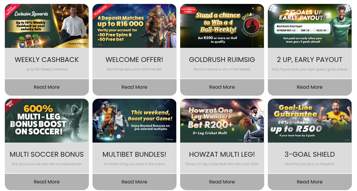 GBets promotions page with tiles for weekly cashback, the welcome offer, the Goldrush Ruimsig golf draw, 2 Up Early Payout, the 600% Multi Soccer Bonus, MultiBet Bundles, Howzat Multi Leg and the 3-Goal Shield
