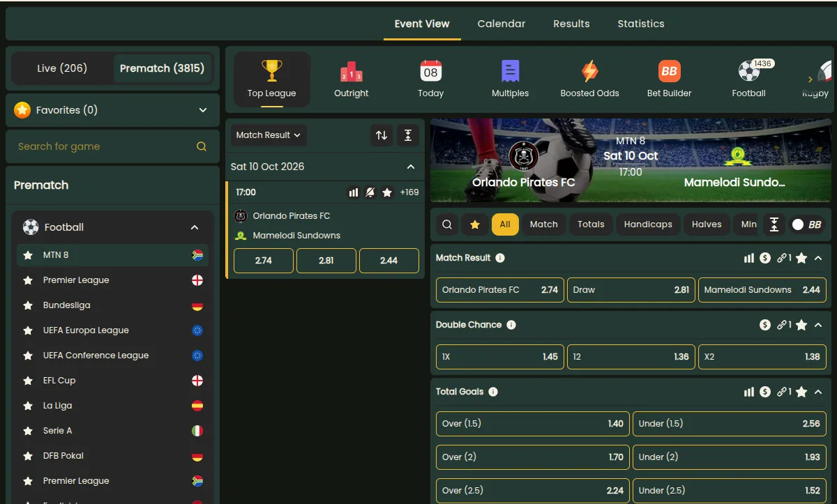 GBets sportsbook showing MTN8 odds for Orlando Pirates against Mamelodi Sundowns, with match result, double chance and total goals markets and quick links to Boosted Odds and Bet Builder