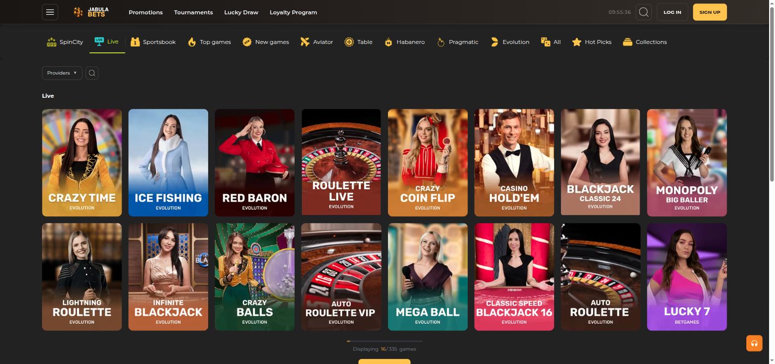 JabulaBets live casino lobby with Evolution game shows, roulette and blackjack tables