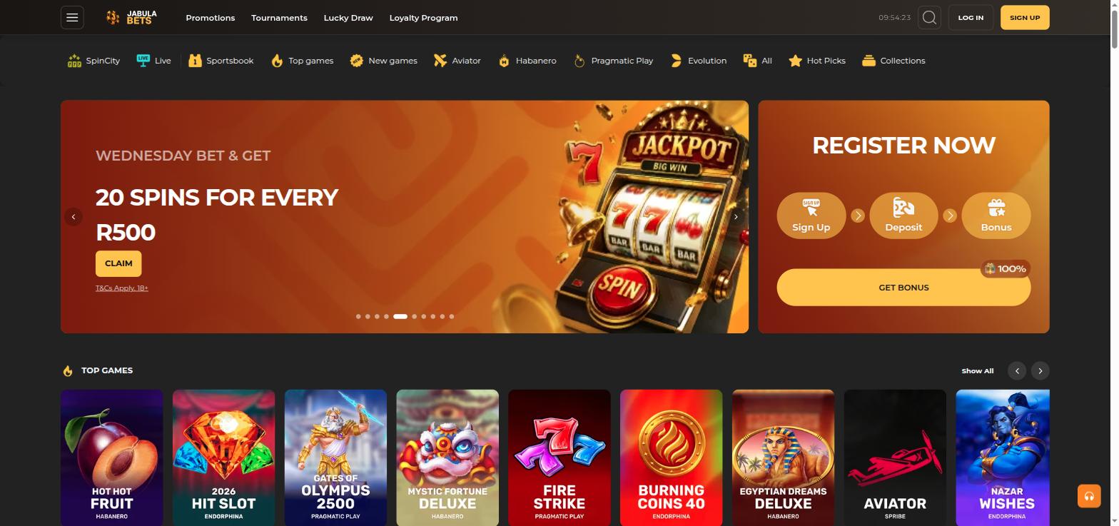JabulaBets homepage with a casino promotion banner, a register panel and top slot games