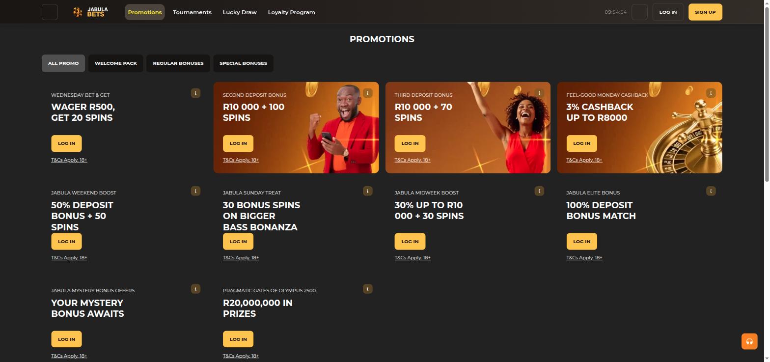 JabulaBets promotions page with second and third deposit bonuses, weekly casino offers and Monday cashback