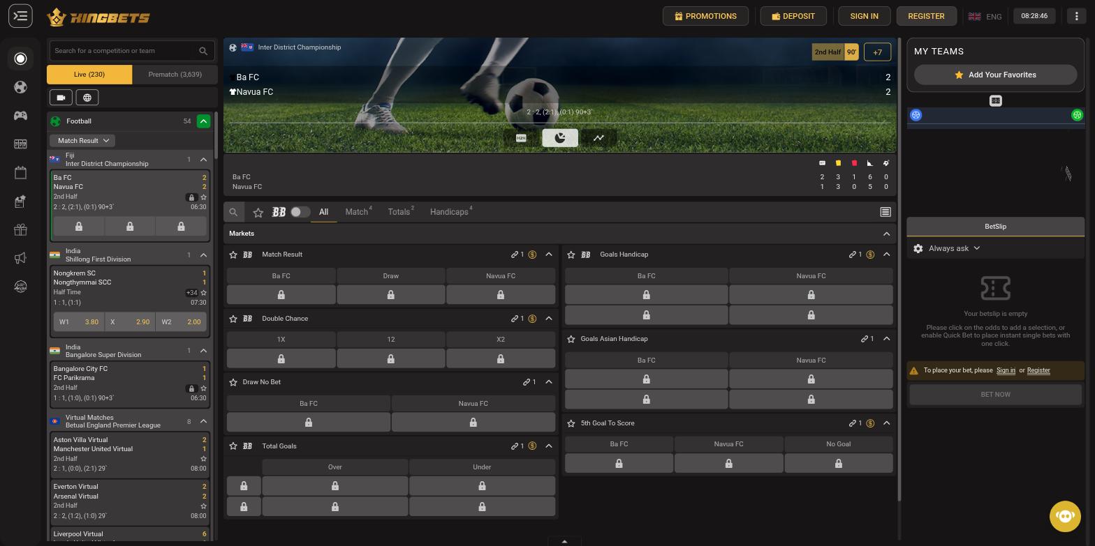 Kingbets live betting view with in-play football, match stats and the market list