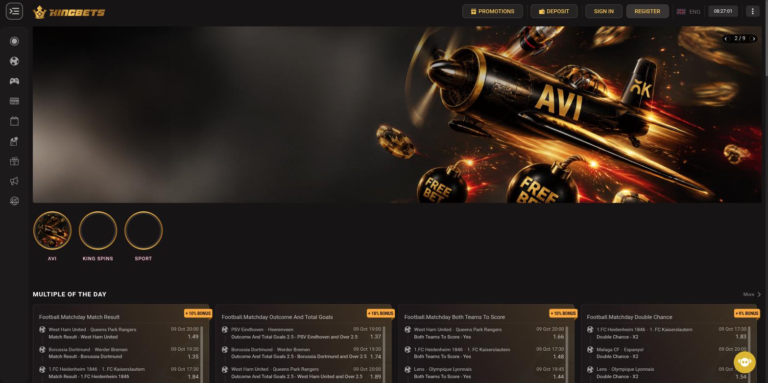 Kingbets homepage with a game banner and the Multiple Of The Day accumulators with percentage boosts