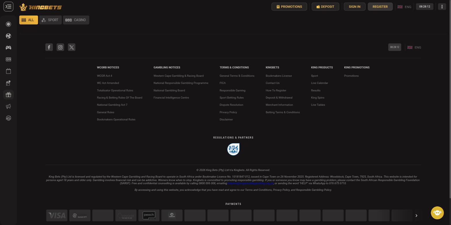 Kingbets promotions page with no offers listed, above the footer showing the Western Cape licence details