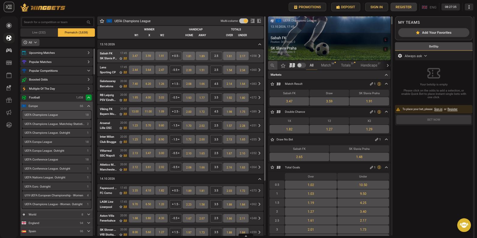 Kingbets prematch sportsbook with Champions League odds in decimal format and a full market list for one match