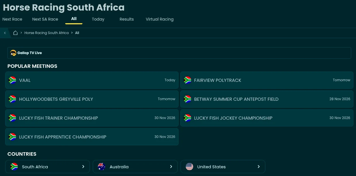 Lucky Fish horse racing page with Gallop TV Live, popular South African meetings including Vaal, Fairview and Greyville, and racing countries South Africa, Australia and the United States