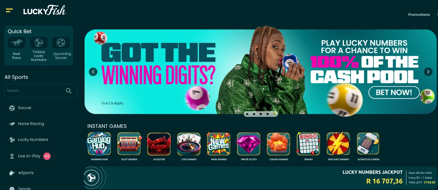 Lucky Fish homepage with Quick Bet shortcuts for Next Race, Todays Lucky Numbers and Upcoming Soccer, a Lucky Numbers cash pool banner, the instant games row including Aviator, live games and bingo, and the Lucky Numbers jackpot