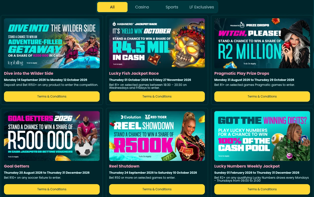 Lucky Fish promotions page with casino, sports and LF Exclusives tabs and prize competitions including Goal Getters, the Lucky Fish Jackpot Race, Pragmatic Play Prize Drops and the Lucky Numbers Weekly Jackpot