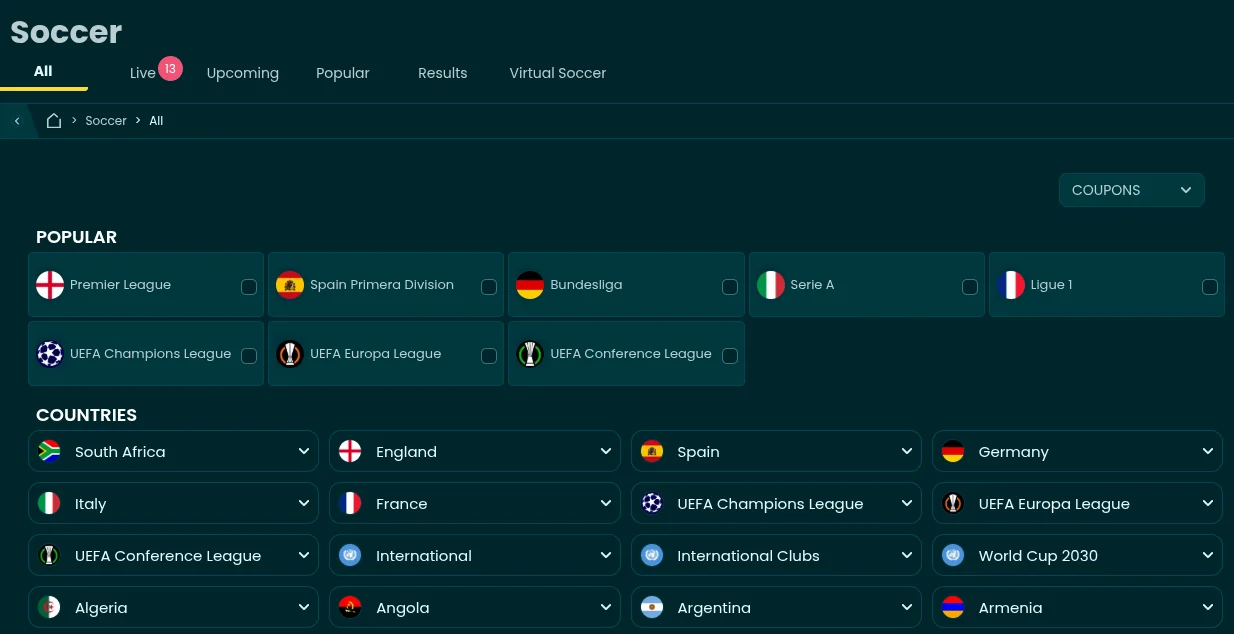 Lucky Fish soccer page with live, upcoming and virtual soccer tabs, popular leagues including the Premier League and Champions League, and a country list with South Africa first