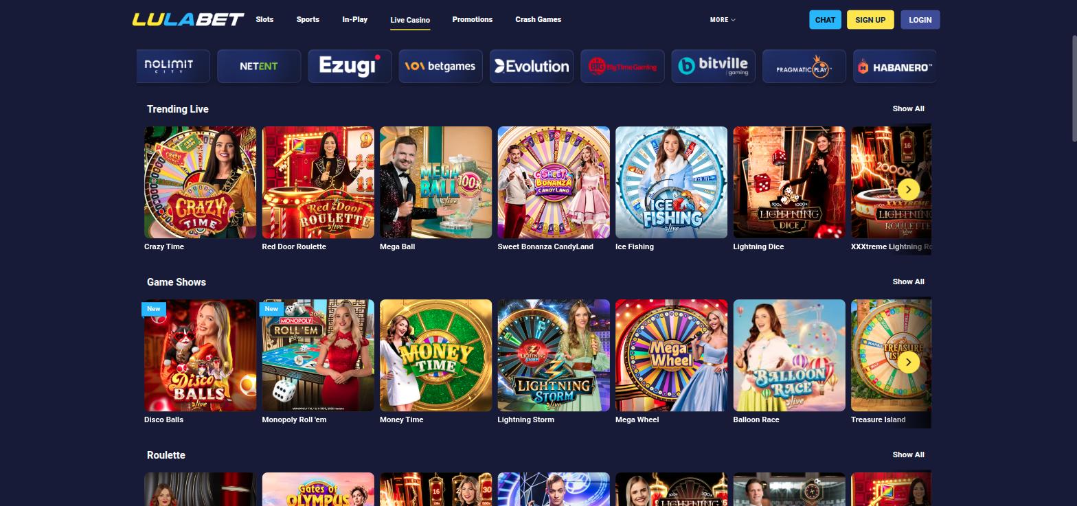 LulaBet live casino lobby with Evolution game shows such as Crazy Time and Mega Ball, plus roulette tables