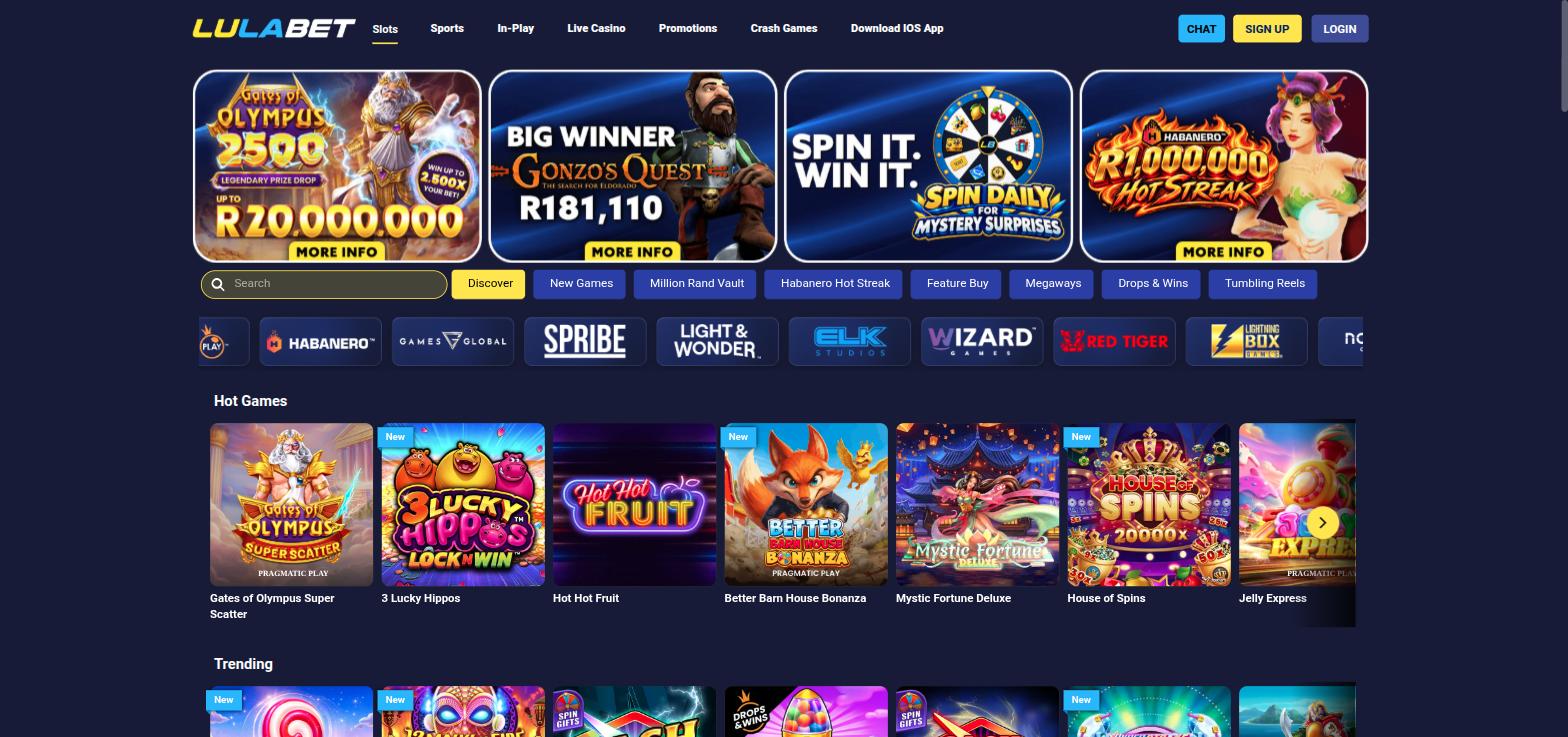 LulaBet homepage with casino promotion tiles, game providers and hot slot games