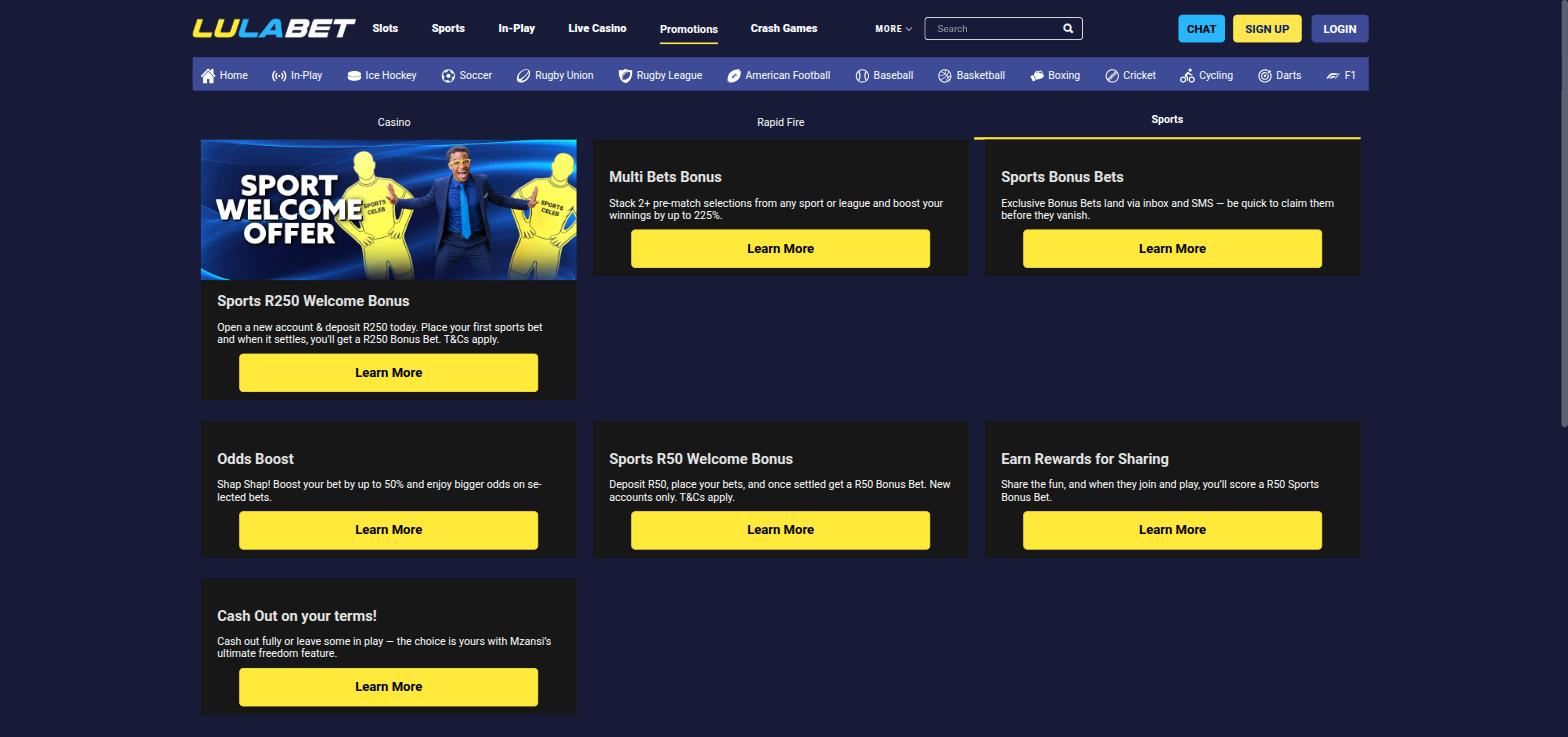 LulaBet sports promotions with the R250 and R50 sports welcome bonuses, a multi bets bonus, odds boost and cash out