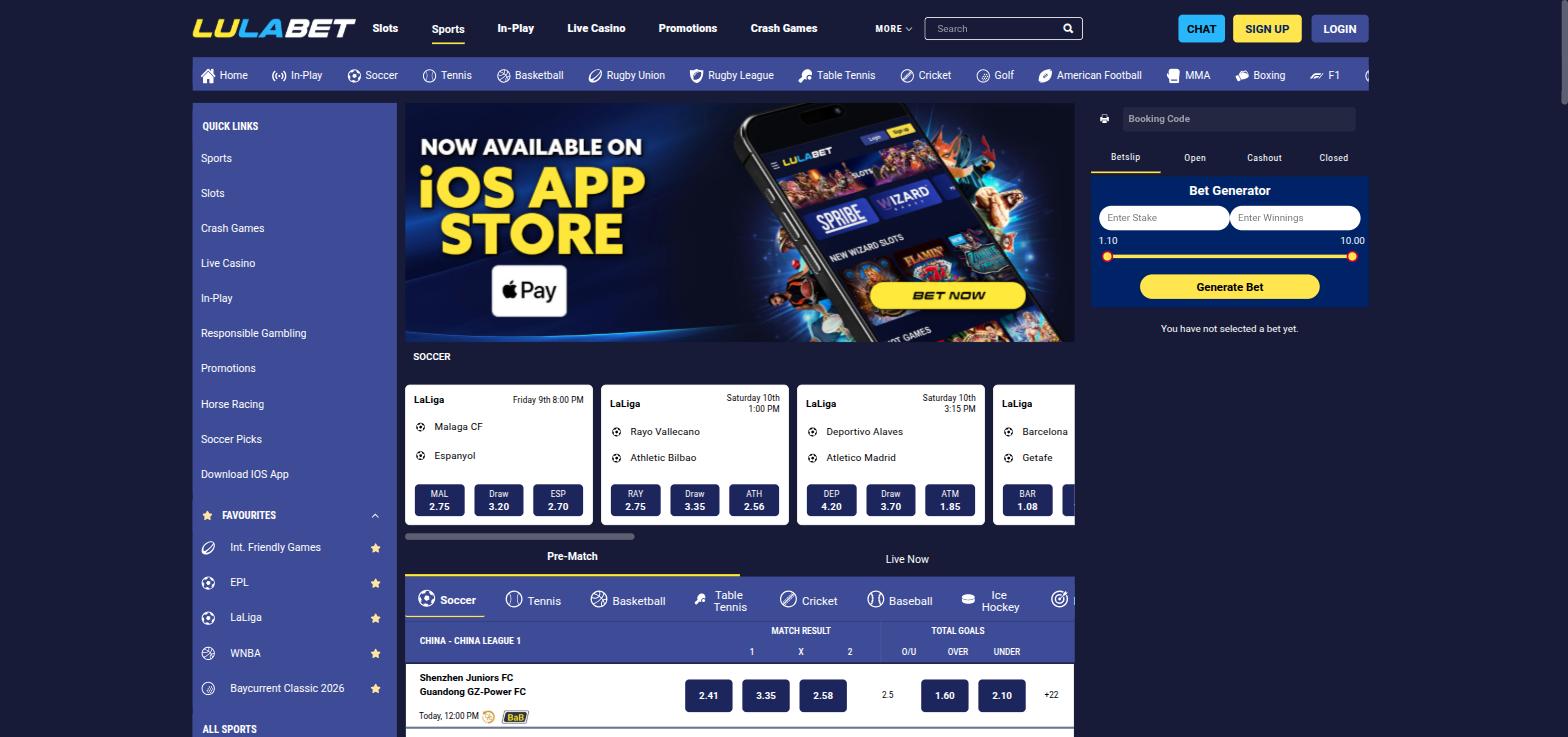 LulaBet sportsbook with the sports menu, featured LaLiga odds, pre-match markets and a Bet Generator in the bet slip