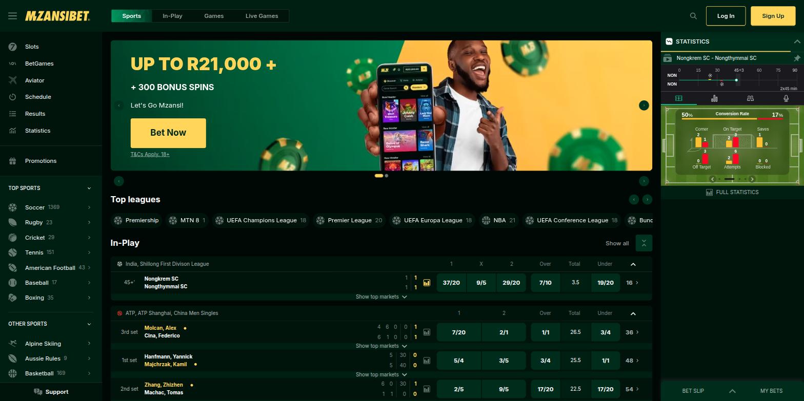 Mzansibet homepage with a promotional banner, top leagues bar and in-play list