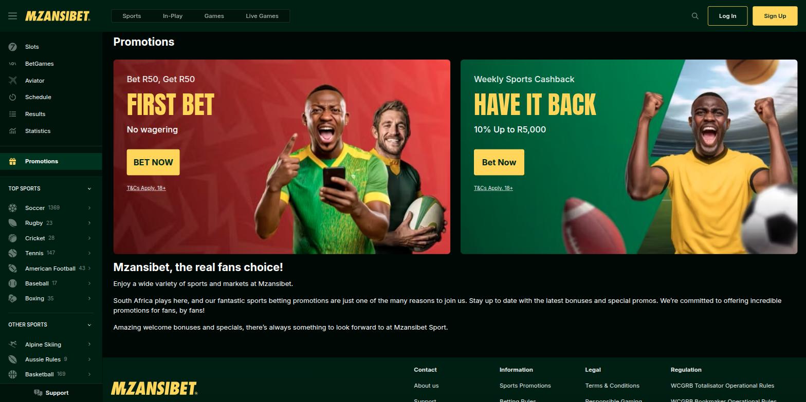 Mzansibet promotions page with the Bet R50 Get R50 first bet offer and weekly sports cashback