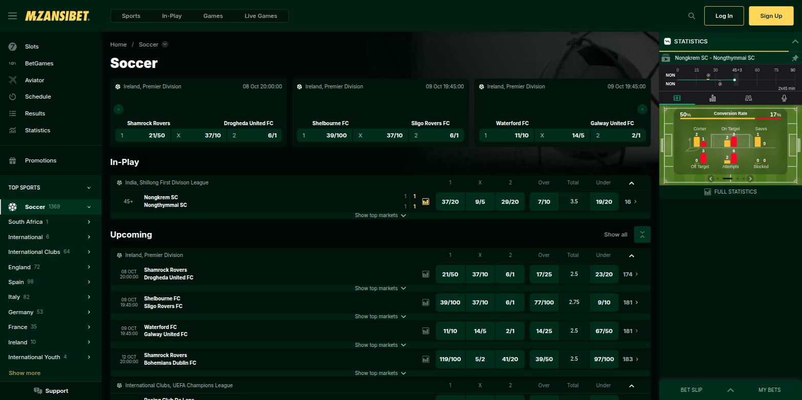 Mzansibet soccer page with featured matches, in-play and upcoming fixtures