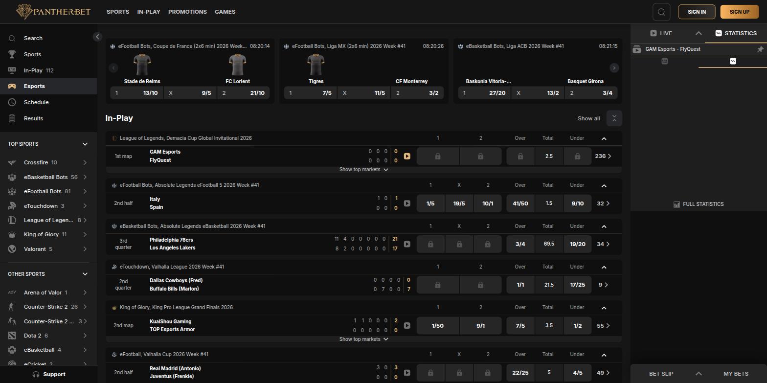PantherBet esports section with live League of Legends, eFootball and King of Glory markets