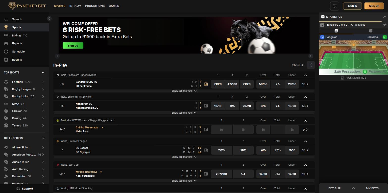 PantherBet homepage with the 6 Risk-Free Bets welcome banner and in-play list