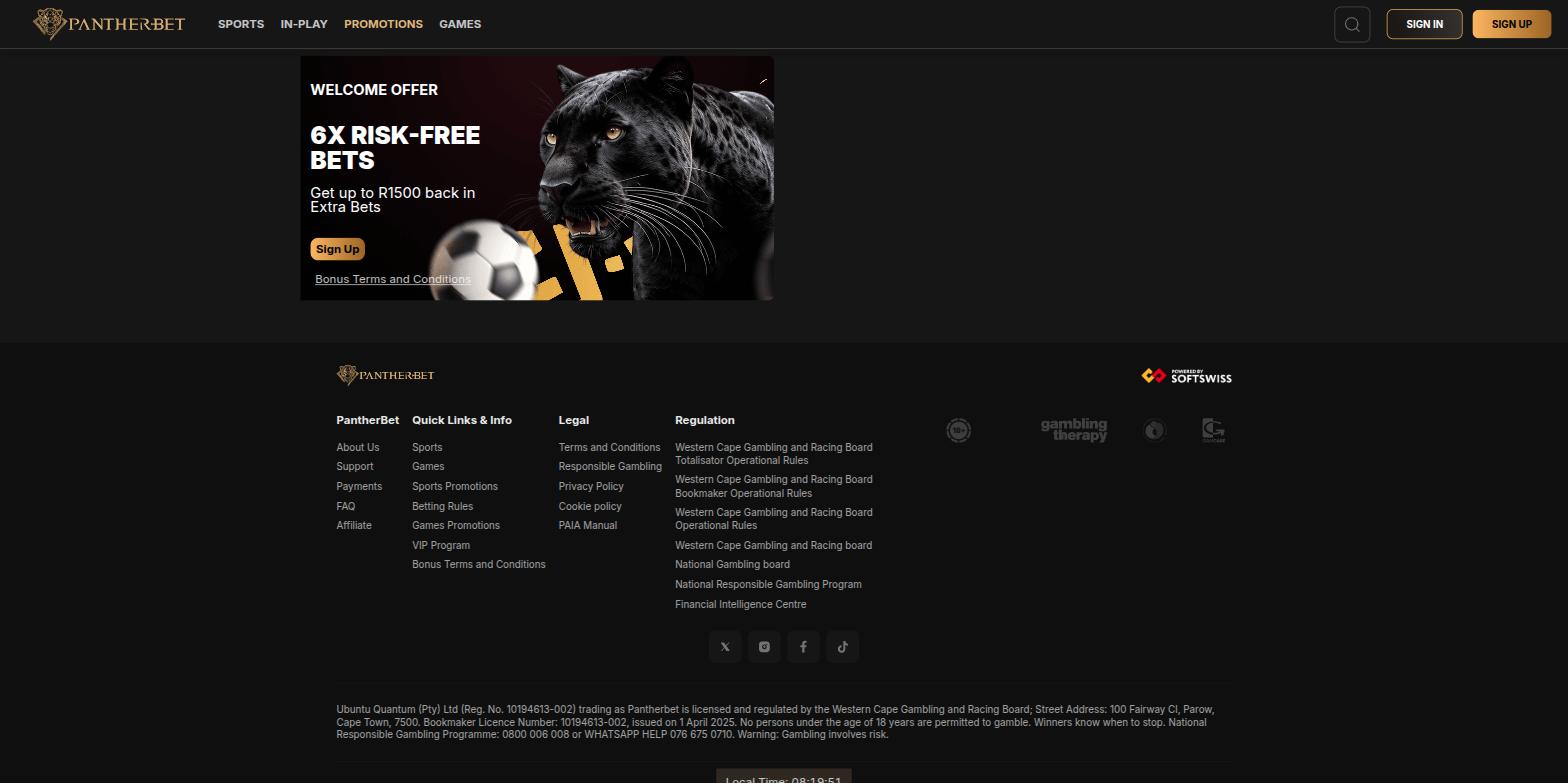 PantherBet promotions page with the 6X Risk-Free Bets offer and the licence details in the footer