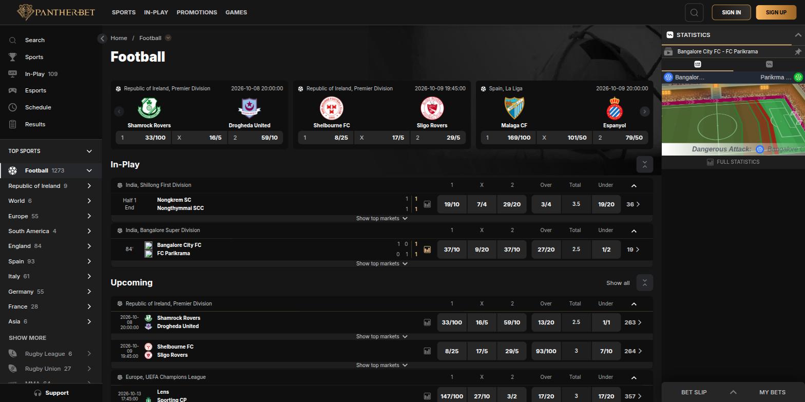 PantherBet football page with featured matches, in-play and upcoming fixtures in fractional odds