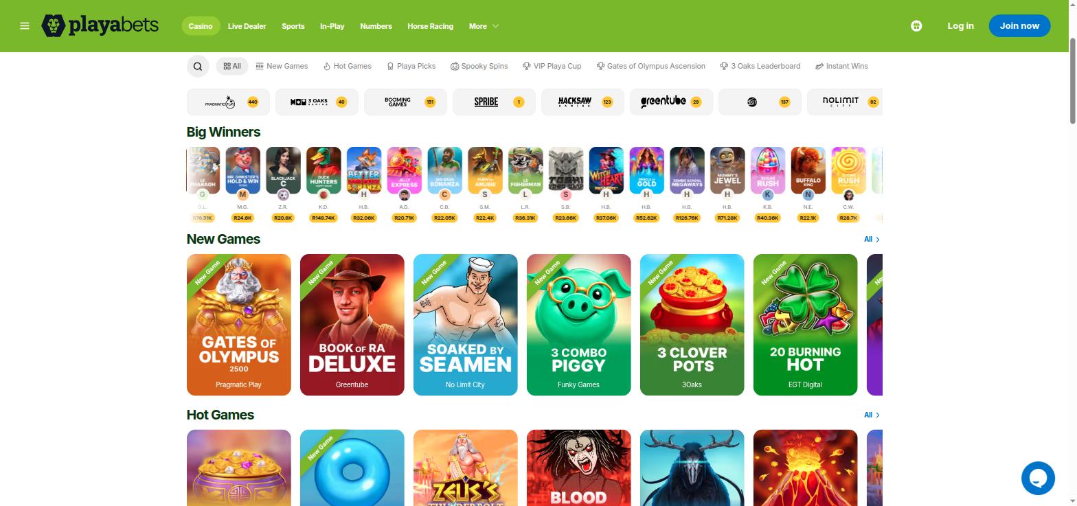 Playabets casino lobby with game providers, recent big winners and new slot releases