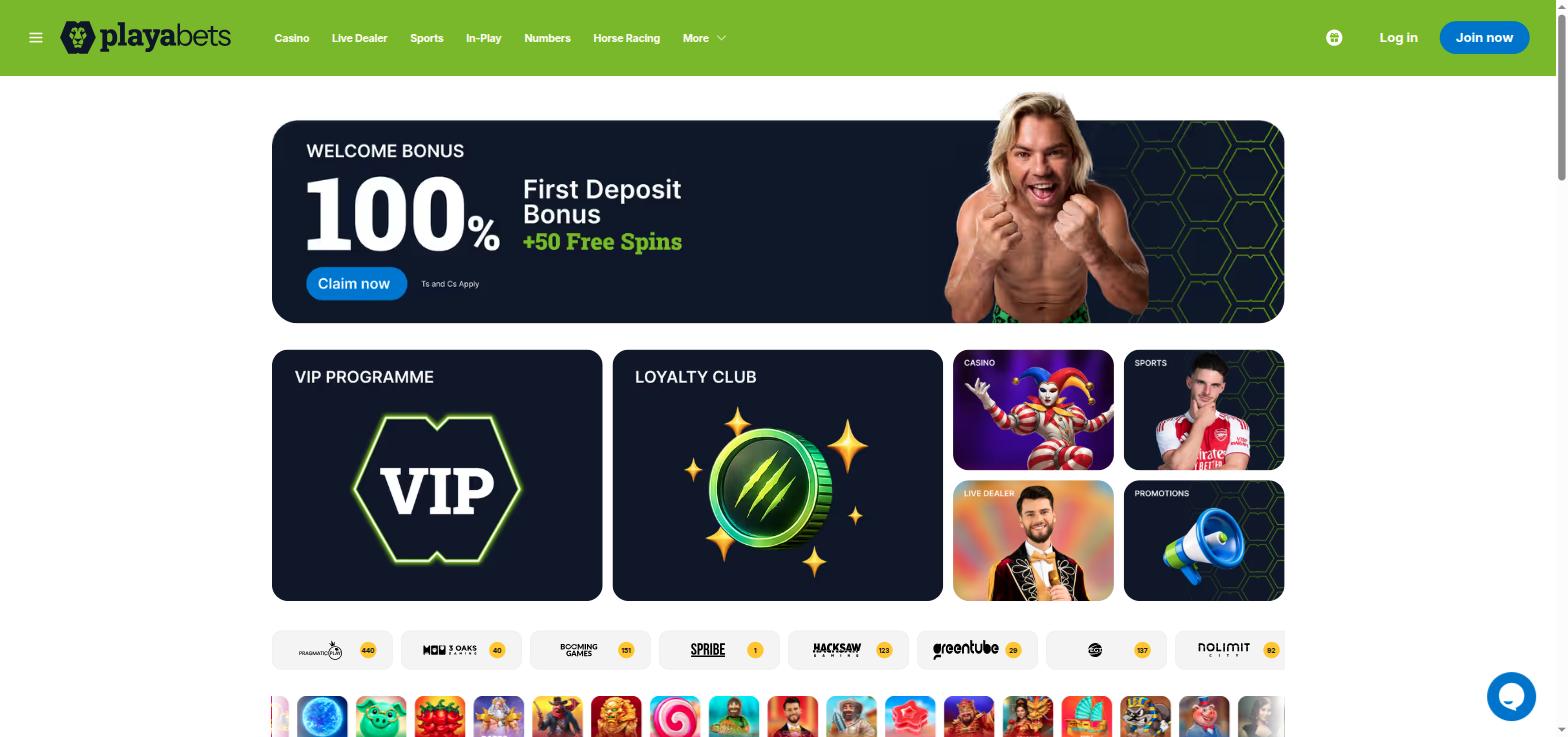 Playabets homepage with the 100% first deposit bonus and 50 free spins banner, VIP and Loyalty Club tiles and the main menu