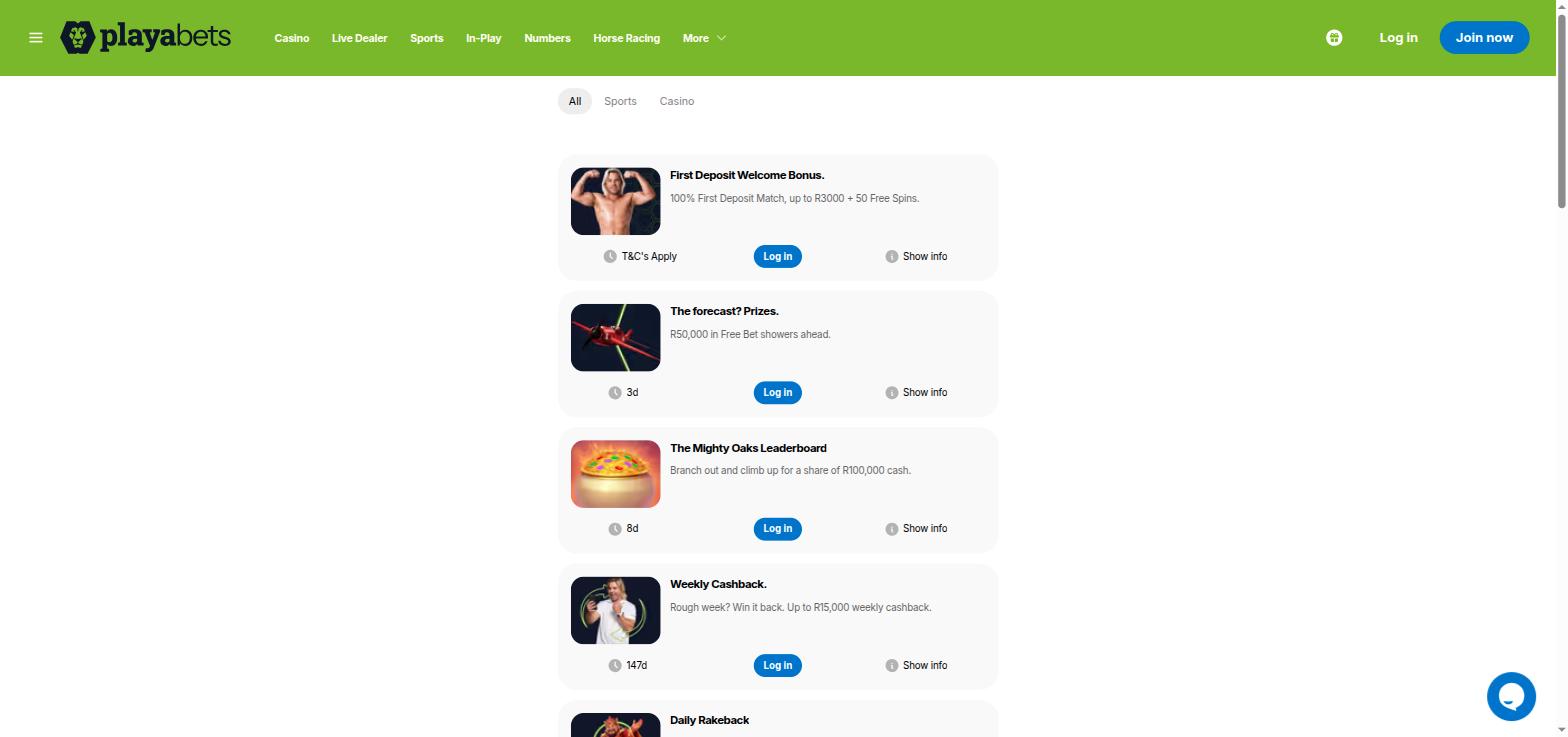 Playabets promotions list with the first deposit welcome bonus, free bet showers, a leaderboard and weekly cashback